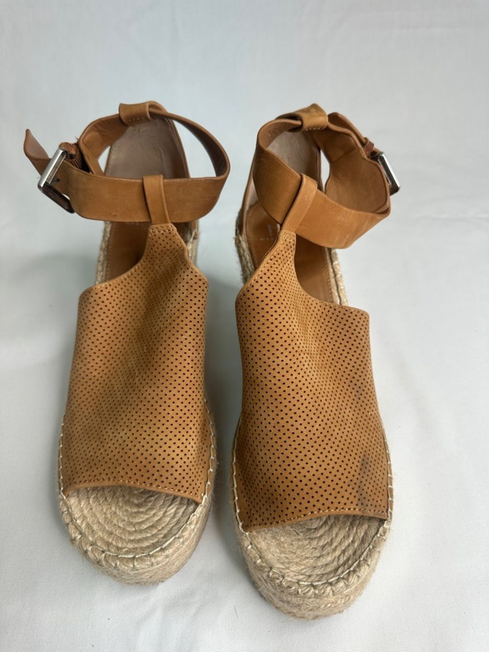Marc Fisher Tan Perforated Leather Espadrille Wedge Sandals
